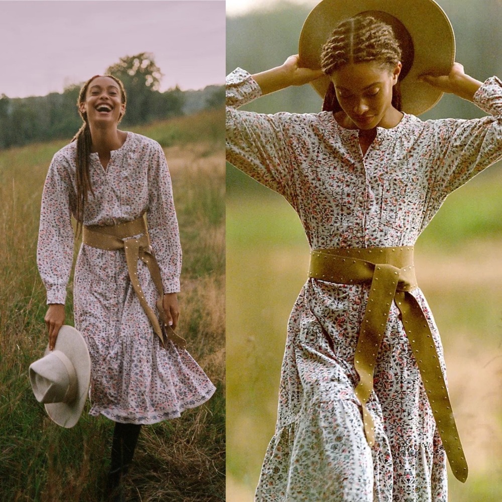 Anthropologie Pilcro Marta Tiered Corduroy‎ Maxi Dress MP Cream Floral Cottage